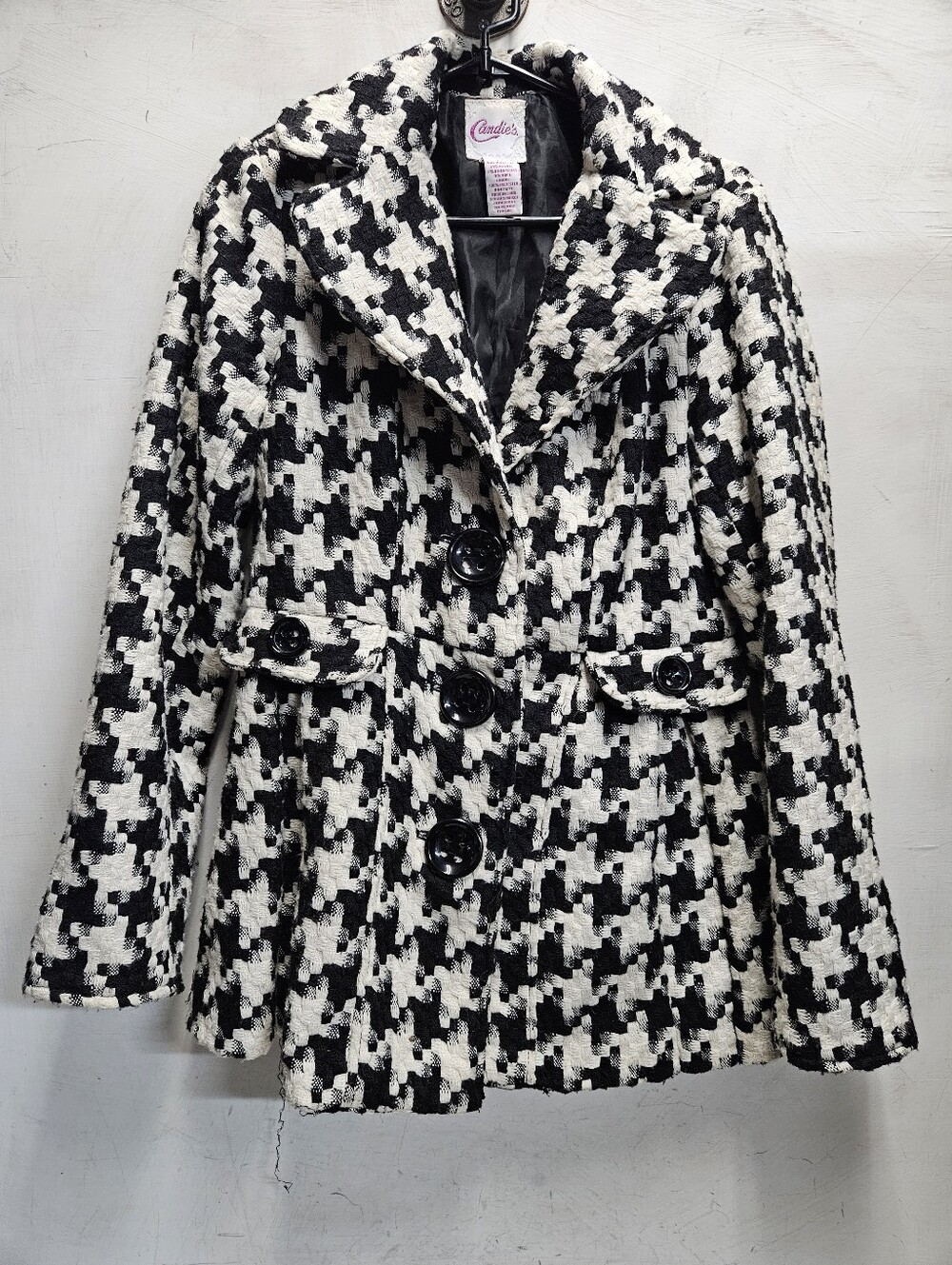 Candies vintage Y2K Medium Black/White Houndstooth Pea Coat w/ Flared Waist